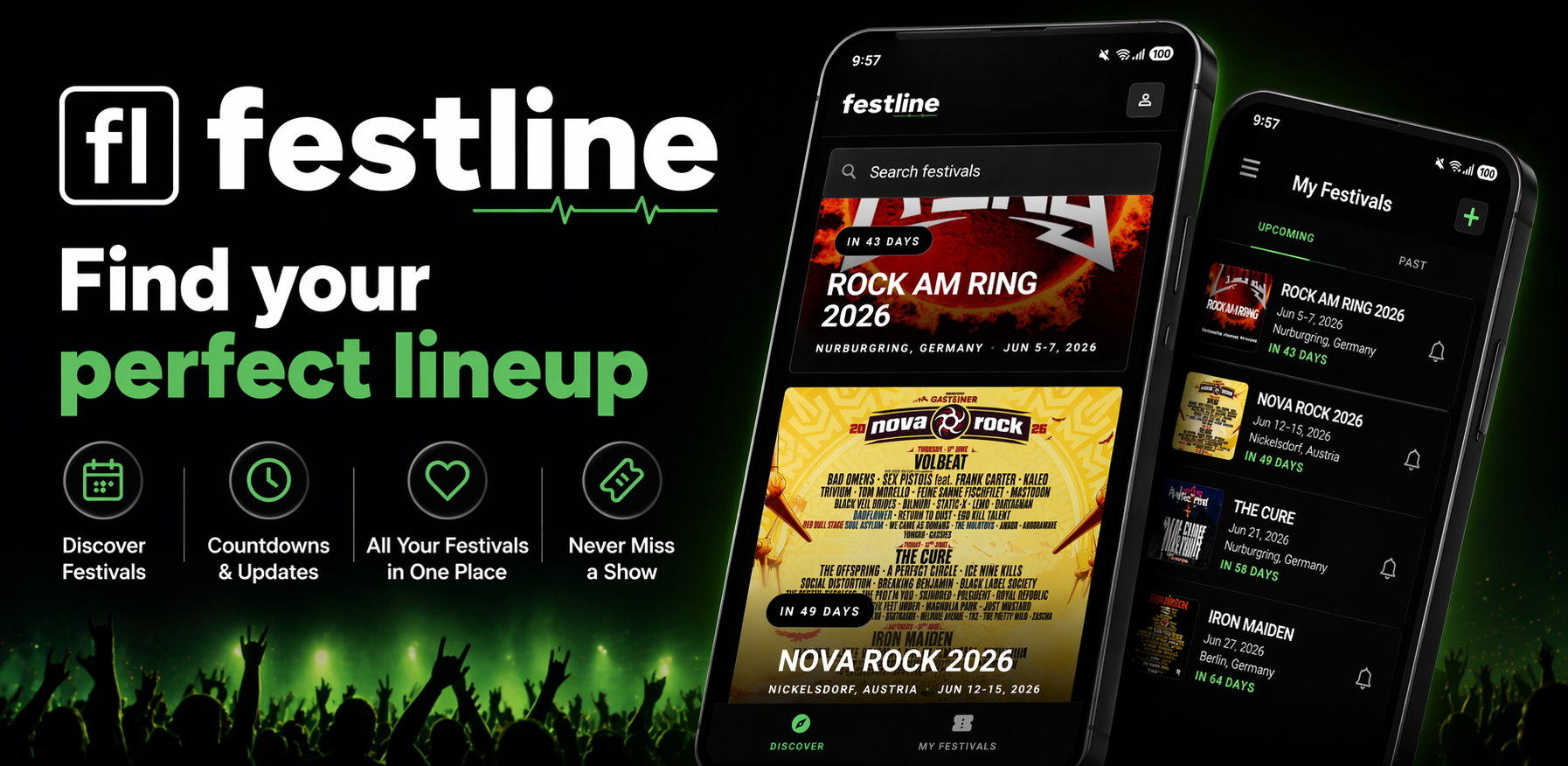 Festline app preview showing festival discovery, countdowns, and saved festivals